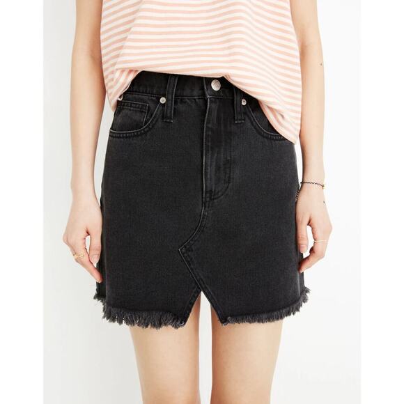 Madewell Rigid Denim A Line Mini Skirt Size 31 Lunar Wash Cutout Frayed Hem - Picture 1 of 11